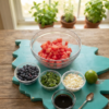 Fresh watermelon blueberry salad with mint leaves and cheese