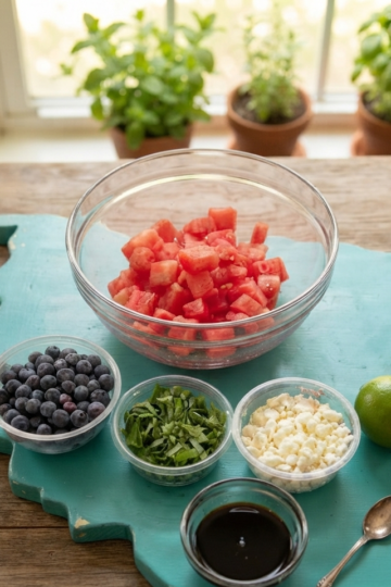 Fresh watermelon blueberry salad with mint leaves and cheese