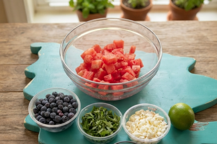 Fresh watermelon blueberry salad with mint leaves and cheese