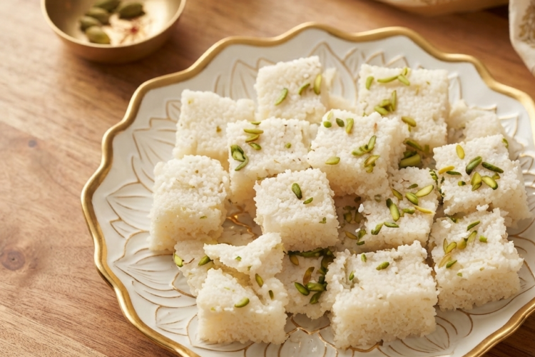 Make soft and delicious Coconut Burfi Recipe at home with fresh coconut, milk, sugar, and cardamom. An easy Diwali sweet recipe without mawa.