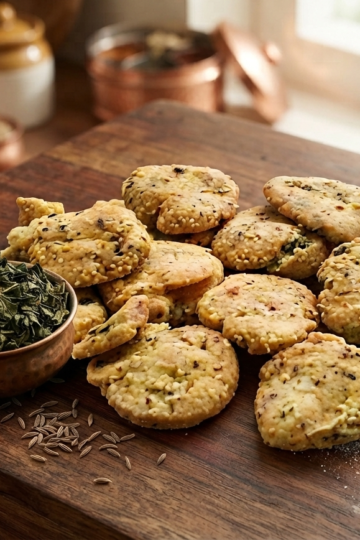 Crispy homemade methi mathri made with fresh fenugreek leaves, besan, ghee, and Indian spices