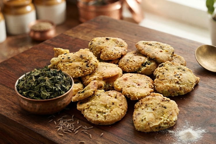 Crispy homemade methi mathri made with fresh fenugreek leaves, besan, ghee, and Indian spices