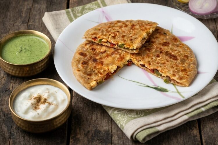 Paneer capsicum paratha with onion stuffing served with curd, pickle, and green chutney