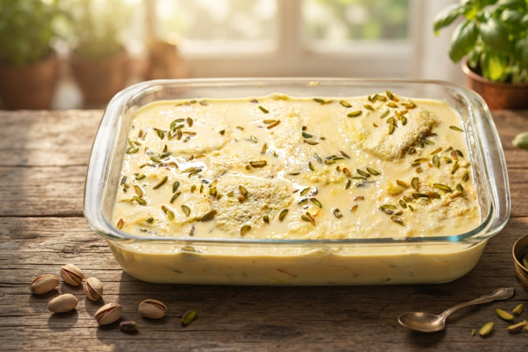 Homemade Rasmalai Recipe with soft paneer balls soaked in saffron flavoured milk and garnished with pistachios and almonds