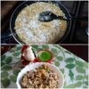 Homemade Suji Ka Halwa with saffron, almonds, cashews, raisins, and grated coconut served in a bowl.