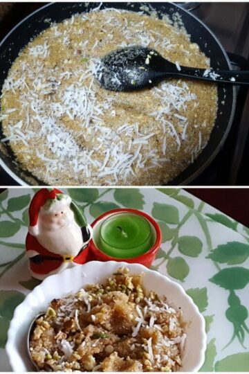 Homemade Suji Ka Halwa with saffron, almonds, cashews, raisins, and grated coconut served in a bowl.