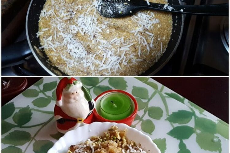 Homemade Suji Ka Halwa with saffron, almonds, cashews, raisins, and grated coconut served in a bowl.