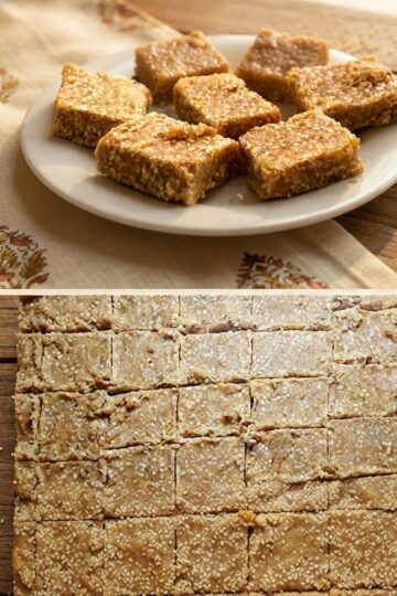 Gur til chikki recipe made with sesame seeds and jaggery, traditional Indian winter sweet cut into pieces