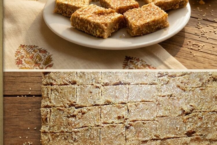 Gur til chikki recipe made with sesame seeds and jaggery, traditional Indian winter sweet cut into pieces