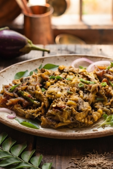 Baingan Ka Bharta Recipe served in a bowl with roasted eggplant, fresh coriander, and Indian spices.