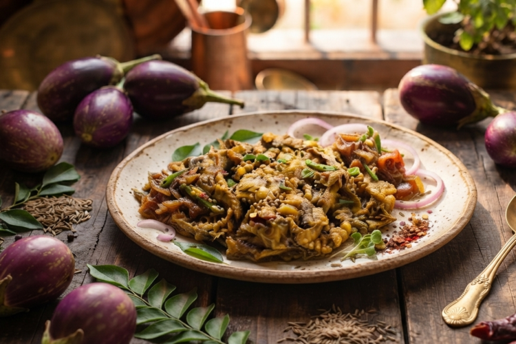 Baingan Ka Bharta Recipe served in a bowl with roasted eggplant, fresh coriander, and Indian spices.