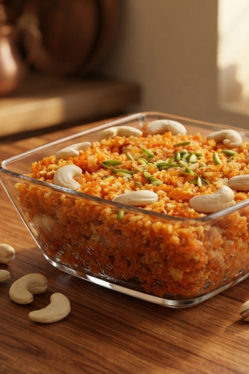 Homemade Gajar Ka Halwa Recipe made with grated carrots, milk, condensed milk, ghee, and dry fruits in a serving bowl