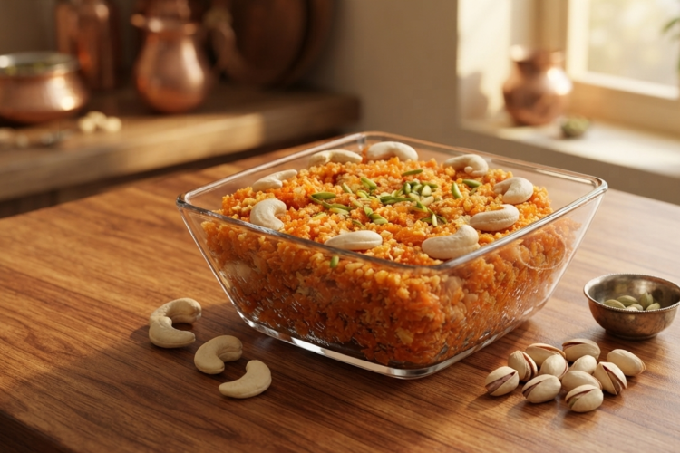 Homemade Gajar Ka Halwa Recipe made with grated carrots, milk, condensed milk, ghee, and dry fruits in a serving bowl