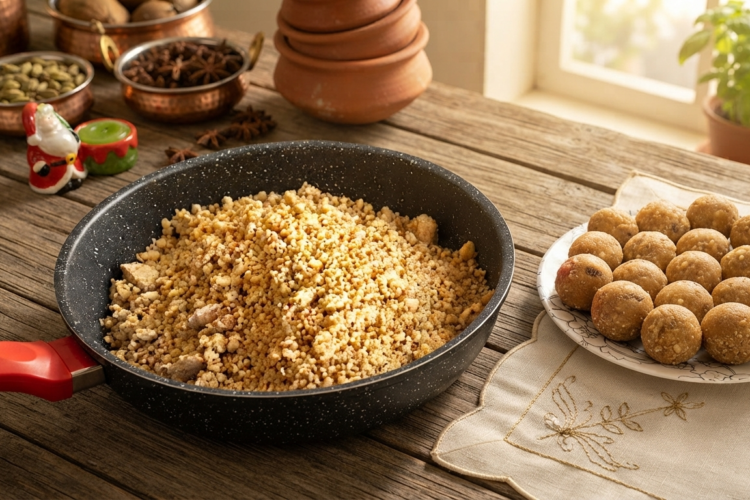 Homemade Gond Ke Laddu made with edible gum, whole wheat flour, ghee, and mixed dry fruits arranged on a serving plate