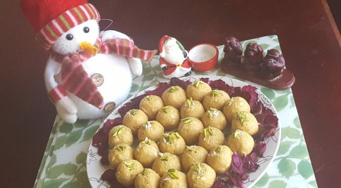Besan ladoo mixture made with gram flour, ghee, and sugar