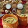 Traditional homemade thandai drink with saffron, almonds, pistachios, rose petals, and Indian spices served in a glas
