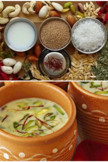 Traditional homemade thandai drink with saffron, almonds, pistachios, rose petals, and Indian spices served in a glas