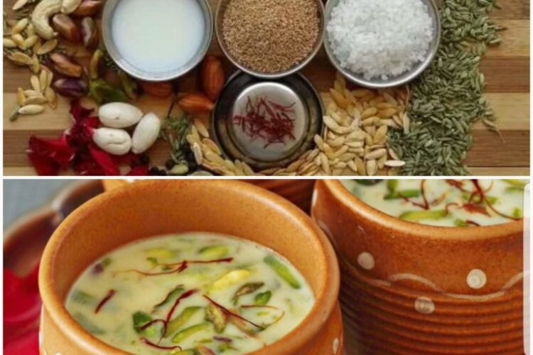 Traditional homemade thandai drink with saffron, almonds, pistachios, rose petals, and Indian spices served in a glas