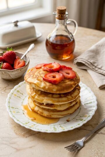 Fluffy egg pancakes stacked with syrup