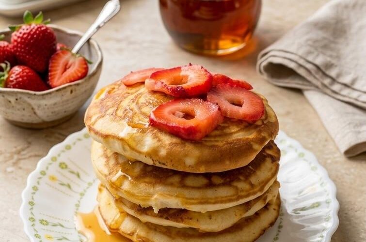 Fluffy egg pancakes stacked with syrup