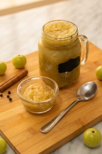 Steamed amla being blended to make Indian Gooseberry Jam