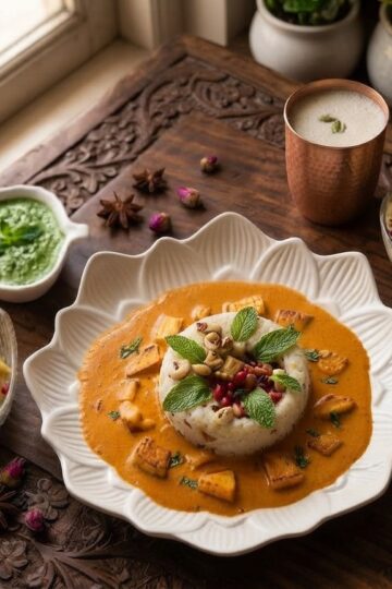 Sattvik Thali with sama rice pulao, paneer curry and homemade chaas