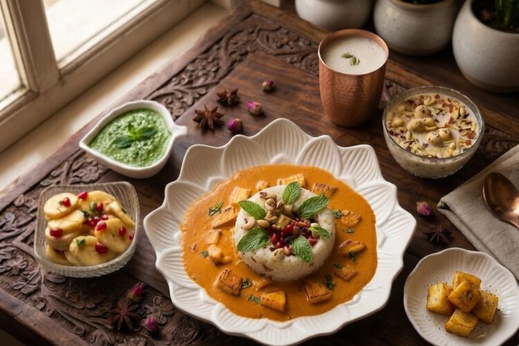 Sattvik Thali with sama rice pulao, paneer curry and homemade chaas