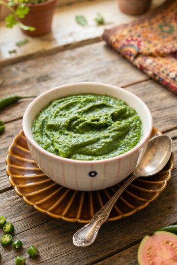 Fresh homemade guava chutney with coriander, mint, and green chilli