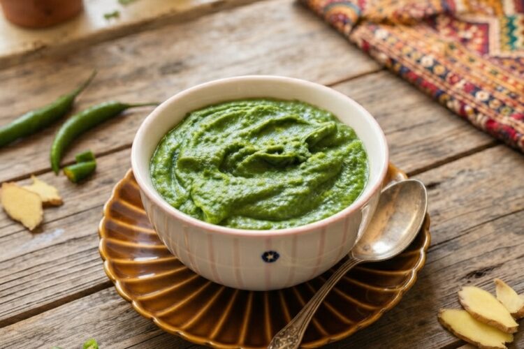 Fresh homemade guava chutney with coriander, mint, and green chilli
