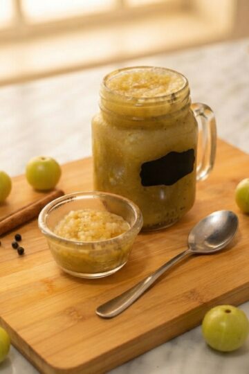 Homemade Indian Gooseberry Jam made with steamed amla, sugar, and cinnamon