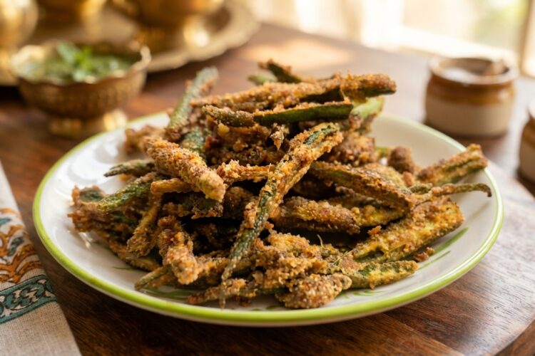 Crispy Kurkure Bhindi made with sliced okra, besan and Indian spices