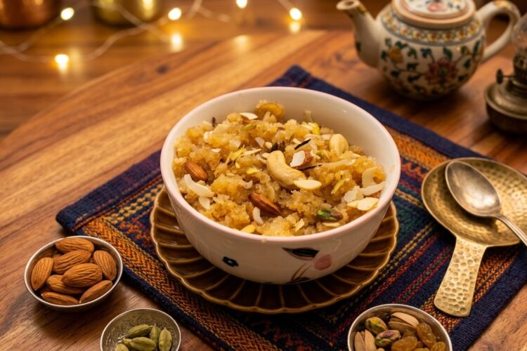 Makhandi Halwa made with roasted semolina, ghee, milk and cardamom