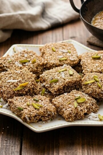 Homemade Rajgira Burfi made with puffed ramdana seeds, jaggery and cardamom powder