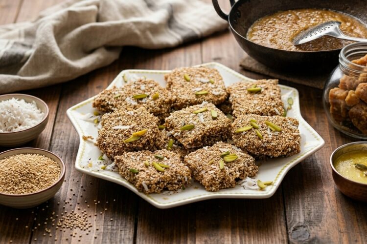 Homemade Rajgira Burfi made with puffed ramdana seeds, jaggery and cardamom powder